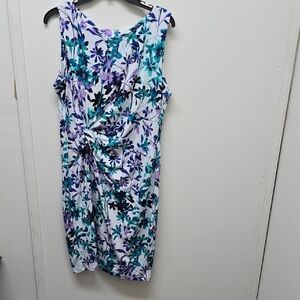 CHAPS Elegant Floral Twist Midi Dress - Teal and Purple - Size 14